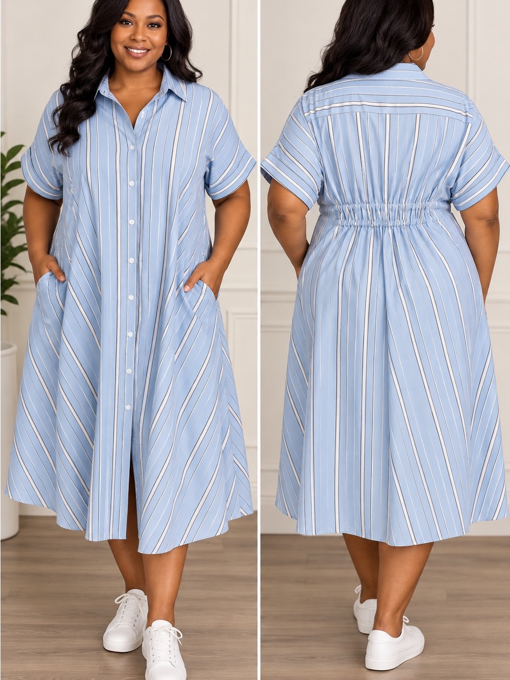 Ava & Viv Light Blue and White Striped Button-Front Midi Dress